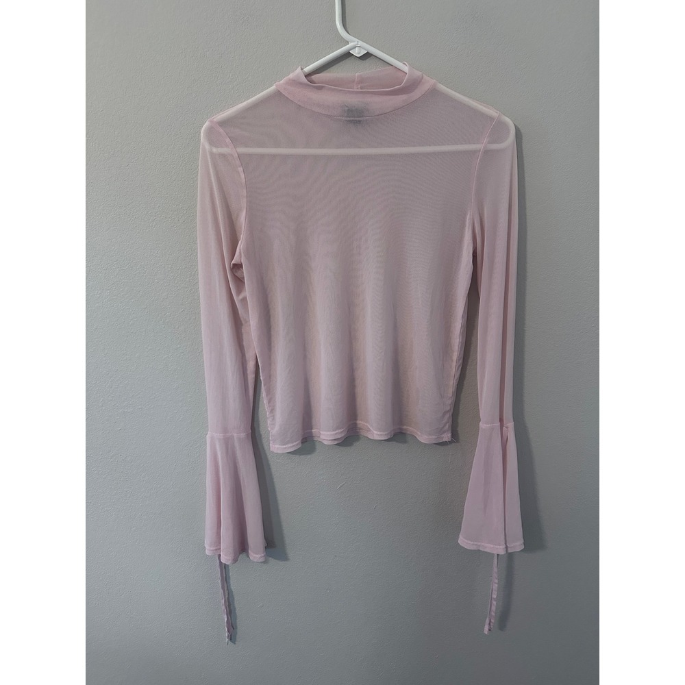 rue21 Mesh Top Small layering Pink Sheer Mock Neck Bell Sleeve Tie Detail Blouse